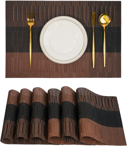 Placemats Set of 6，Non-Slip PVC Weave Table Mats Easy to Clean，Heat Resistant Place Mats for Kitchen Dining Table Decoration Indoor Outdoor，Black Brown