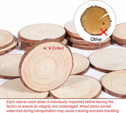 60 Pcs Wood Slices for Crafts, 1.7"-2.1" Pre-Drilled Holes Wood Rounds, 66 FET Twine String, Wooden Circles for Crafts Burning Painting DIY Crafts Christmas Wedding Party Wedding Decor Party