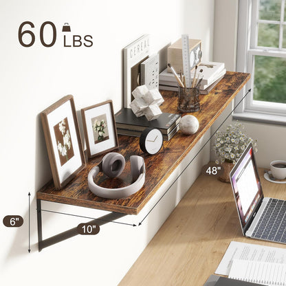 Floating Shelves 48 Inch Long, 10" Deep Floating Shelves, Wall Shelves 48 x 10, Set of 2, Wide Large Display Storage Shelves for Bathroom, Living Room, Rustic Wood Shelves with Brackets, Rustic Brown