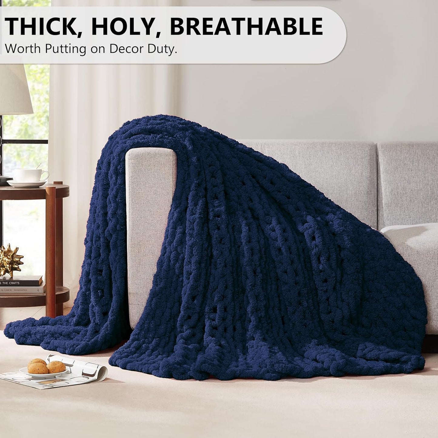 L'AGRATY Chunky Knit Blanket Throw: 80''x90'' Chenille Chunky Knitted Throw Blanket for Bed Couch - Handmade Thick Big Cable Knit Blanket - Large Chunky Crochet Blanket for Home Decor(Navy Blue)