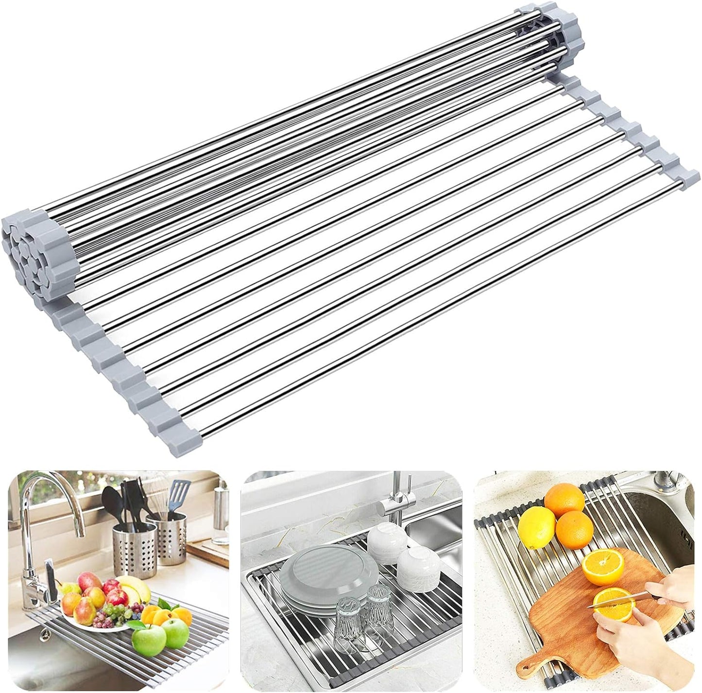 Searik Dish Drying Rack Roll Up Sink Drying Rack, Over The Sink Dish Rack Multi-Use Stainless Steel Dish Drainers Heat Resistant Mat for Drying Draining Trivet (17.7"x13.8")