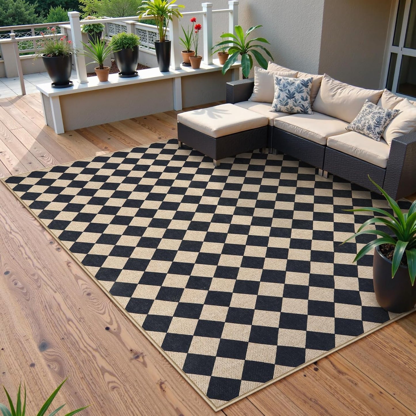 Lahome Checkered Dining Living Room Rug, 5x7 Washable Indoor Outdoor Easy Jute Rug, Farmhouse Neutral Diamond Non Slip Non Shedding Floor Carpet for Sunroom Deck Classroom Office