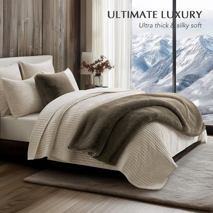 Luxury Soft Faux Chinchilla Fur Throw Blanket for Couch, Warm Thick Heavy Winter Throw Blanket 1220GSM for Bed, Fluffy Cozy Mink Blanket with Reversible Velvet, Smoky Sable, 60"x80"