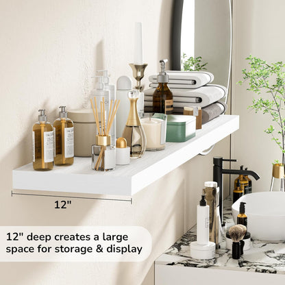 Fun Memories Floating Shelves - 12 Inch Rustic Wooden Wall Shelves - Extra Deeper & Thicker Wall Mounted Storage Shelf for Living Room, Kitchen, Farmhouse - 48" W x 12" D x 1.8" H - White