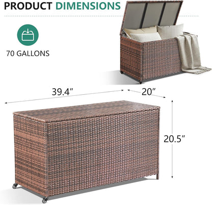 HOMREST Large Deck Box, Outdoor Wicker Storage Container with 70 Gallon, Patio Rattan Furniture for Garden Tools, Pillows, Pool, Brown