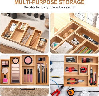 Bamboo Drawer Organizer 5 Pcs for Kitchen Multi-purpose Storage Dividers for Kitchen, Office, Jewelry, Cosmetics, Wooden Drawer Dividers for Drawer Organizer Desk Organizer Gift for Women Gifts Idea