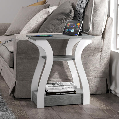 End Tables Living Room, Grey End Table with Charging Station, Grey Side Table, Nightstand for Bedroom, 3 Tier End Table with Storage Shelf for Living Room