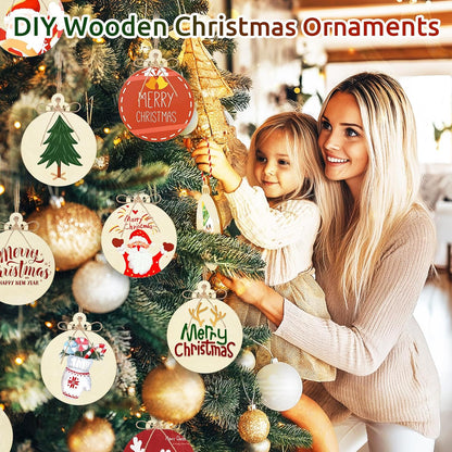 Philorn 50pcs Wooden Ornaments for Crafts 3.5" Unfinished DIY Wooden Christmas Ornaments, Predrilled Wood Slices Circles for Crafts Paint Holiday Hanging Decorations (50pc Christmas Ball)