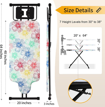 Extra Large Ironing Board with Hang Rail and Iron Rest 63" L x 20" W (Large with Iron Rest (Floral Cover))
