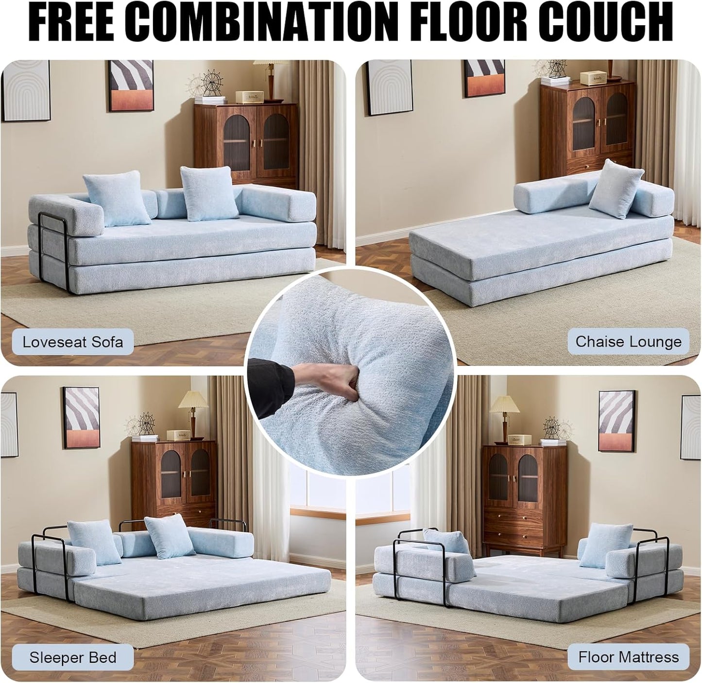 Convertible Sleeper Sofa Bed, Compression Folding Sofa with Pillow, No Assembly Required, Shape Frame, Floor Sofas Lounge Couch for Living Room, Bedroom, Small Spaces(Chenille, 77''W, Light Blue)