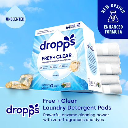 Dropps Free + Clear Biobased Power Laundry Detergent Pods, Unscented (64 Count) - HE Compatible Laundry Pods for Fresh Clothes - Laundry Soap Supplies & Recyclable Paperboard Packaging
