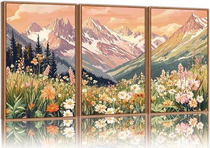 SIGNINART Vintage Floral Framed Canvas Wall Art Set, Large Mountains Nature Landscape Wall Decor, Bohemian Wildflower Forest Artwork, Pink Ridge Art Printing for Living Room Bedroom Office 16"x24"x3