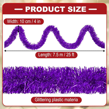 25 Feet Metallic Twist Tinsel Garland Wall Hanging Backdrop for Parade Floats, Christmas Eve, New Year, Valentine's Day Party Decorations (Purple, 4in x 25ft)