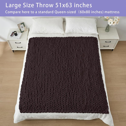 Bigacogo Chunky Knit Throw Blanket for Couch, 51x63 inches, 100% Hand Knitted with Thick Jumbo Chenille Yarn, Cozy Soft Large Rope Knot Cable Crochet Blankets for Sofa Bed Living Room, Chocolate