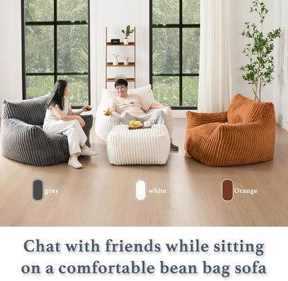 Oversized Bean Bag Chaise Lounge Chair Indoor for Adults with Armrests & Ottoman - Giant Comfy Gray Beanbag Floor Sofa Cloud Accent Chair for Reading, Gaming, Cozy Plush Cloud Mini Couch