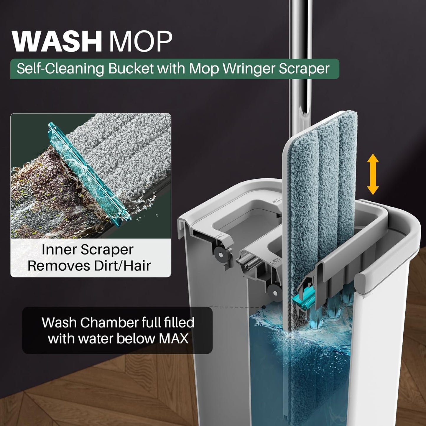 JOYMOOP Mop and Bucket with Wringer Set, Hands Free Flat Floor Mop and Bucket, with 8 Washable Microfiber Pads, Wet and Dry Use, Floor Cleaning System