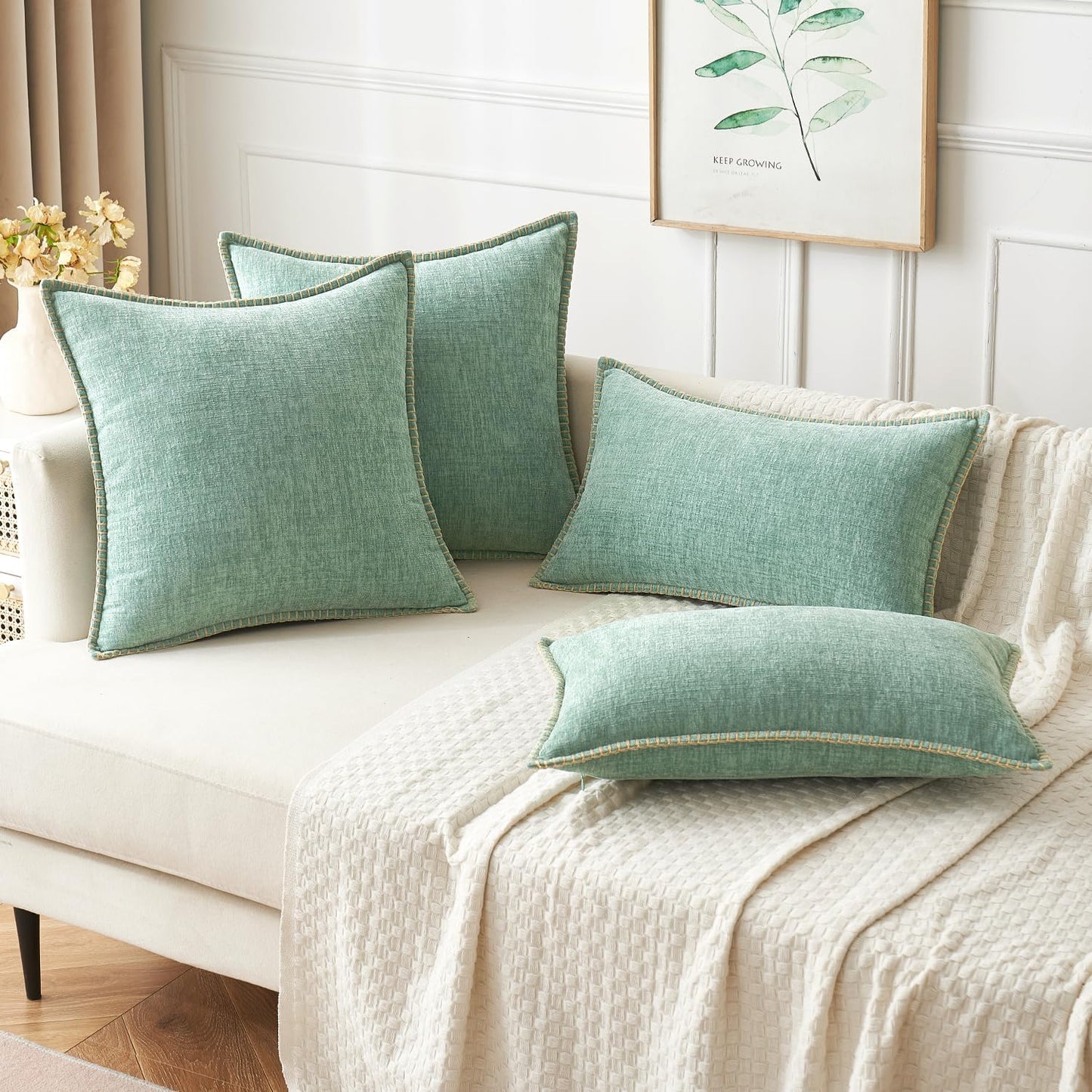 MIULEE Pack of 2 Couch Throw Pillow Covers 20x20 Inch Greyish Green Farmhouse Decorative Pillow Covers with Stitched Edge Soft Chenille Solid Dyed Spring Pillow Covers for Sofa Bed Living Room