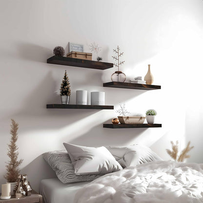 Wood Floating Shelves for Wall Decor, Rustic Wall Shelves for Bedroom Bathroom Kitchen Living Room, Set of 6 Walnut