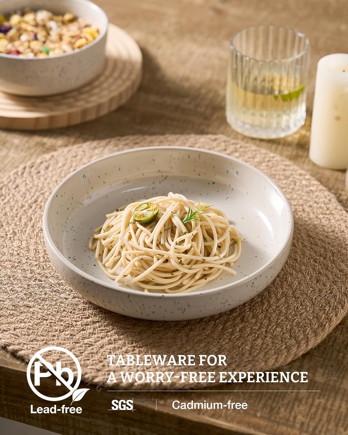 famiware Milkyway 33 oz Bowl Set, Pasta Bowls Set of 4, Salad Bowls, Double Reactive Glaze, Sturdy & Stackable, Ideal for Housewarming, Festivals, Creamy White with Speckles