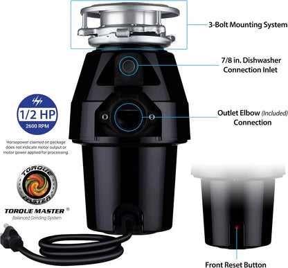 Waste Maid 10-US-WM-258-3B Garbage Disposal Anti-Jam Stainless Steel Food Waste Grinding System, 1/2 HP Mid Duty, Black
