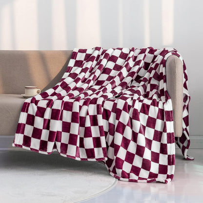 LOMAO Throw Blankets Flannel Blanket with Checkerboard Grid Pattern Soft Throw Blanket for Couch, Bed, Sofa Luxurious Warm and Cozy for All Seasons (Burgundy, 50"x60")