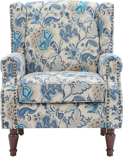 UIXE High Back Floral Accent Chair, Fabric Upholstered Armchair for Living Room, Retro Printed Wingback Arm Chair Nailhead Trim Single Sofa Bedroom Reading Seat - Boho Blue