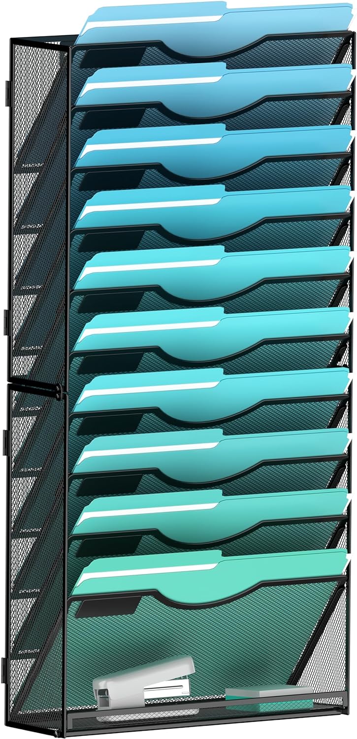 11-Tier Wall File Organizer Hanging Wall File Holder Wall Mount Paper Folder Organize, Mesh Magazine Document Mail Organizer Wall Organizer for Office School Home, Black