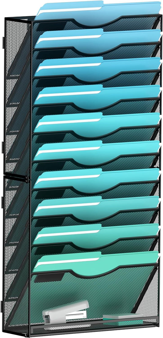 11-Tier Wall File Organizer Hanging Wall File Holder Wall Mount Paper Folder Organize, Mesh Magazine Document Mail Organizer Wall Organizer for Office School Home, Black