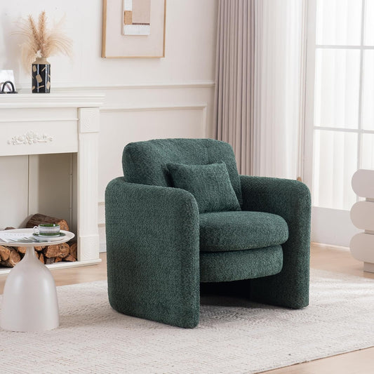 Chenille Accent Armchair Oversize Upholstered Barrel Comfy Modern Round Lounge Chair with Pillow Cozy Reading Chairs for Apartment,Office,Living Room,Dining,Makeup,Club,Green
