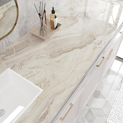 VEELIKE Wide 32''x354'' Beige Gold Marble Contact Paper for Countertops Peel and Stick Waterproof Countertop Vinyl Wallpaper for Kitchen Bathroom Glossy Marble Wallpaper Peel and Stick for Walls Table