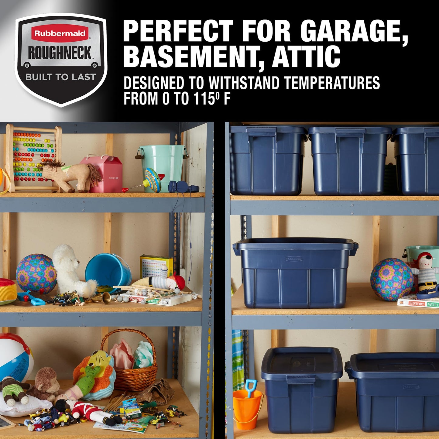 Rubbermaid Roughneck Tote 14 Gal, 6 Pack, Made in USA, Dark Indigo Metallic, Rugged Plastic