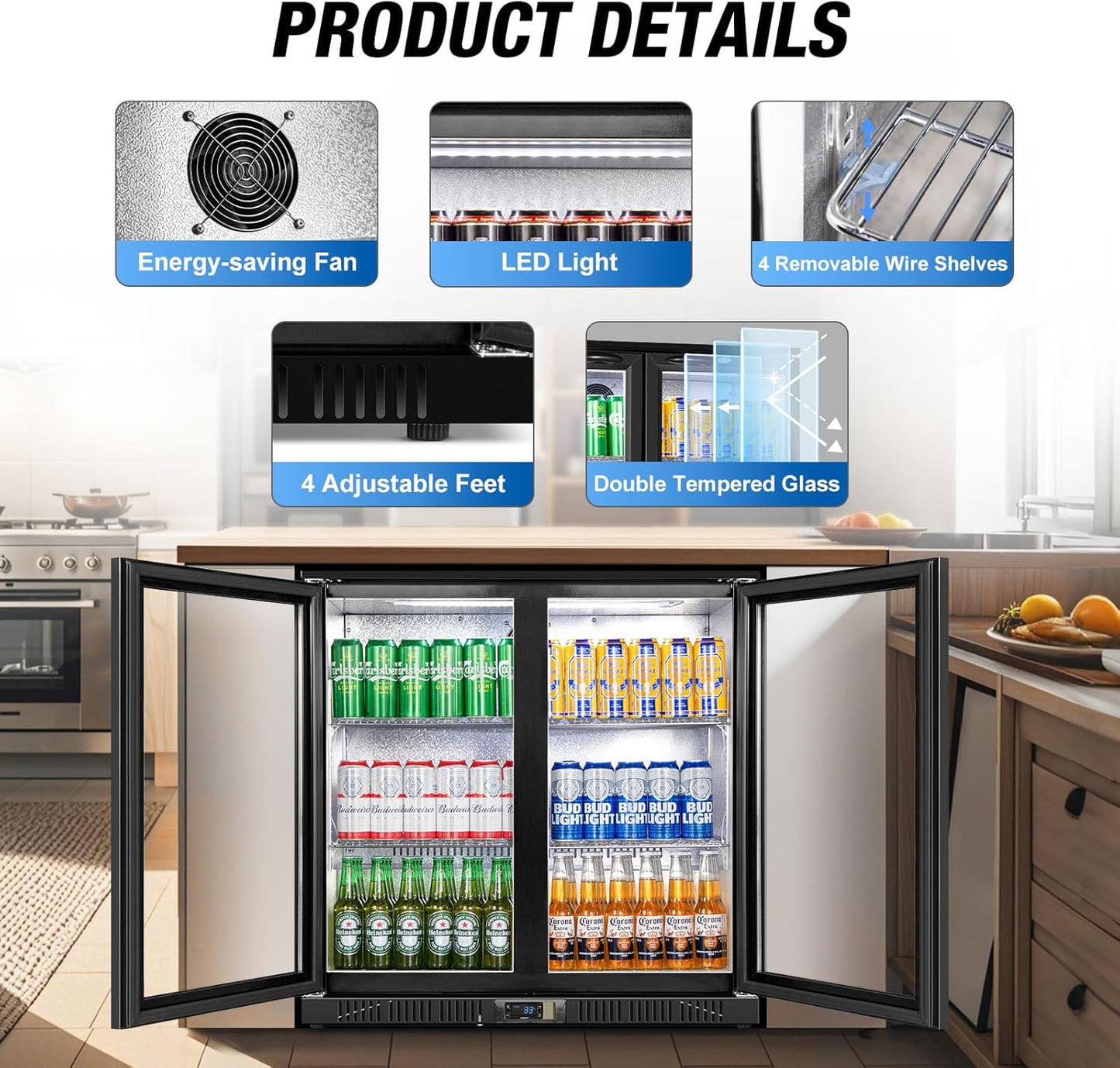 Beverage Refrigerator Under Counter, Back Bar Cooler with 2 Glass Door, Commercial Display Fridge 35.42 Inch Wide 7.4 Cu.Ft, Drink Fridge for Beer Soda Wine, Beverage Cooler for Kitchen Shop Bar