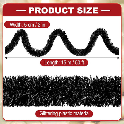 50 Feet Christmas Tinsel Garland, Metallic Twist Wall Hanging Tinsel Backdrop for Parade Floats, Carnival, Birthday, Wedding, New Year Party Decorations (Black, 2in x 50ft)