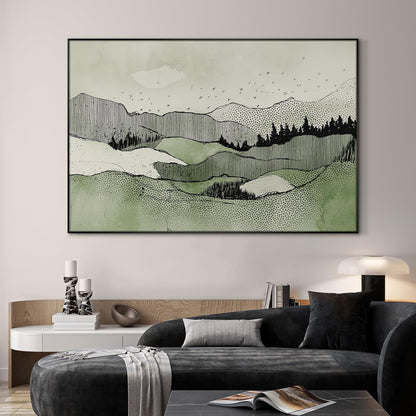SIGNWIN 46"x72" Extra Large Framed Wall Art Green Line Art Mountain Landscape Illustration for Home Living Room Bedroom Decor (Frame Assembly Required)