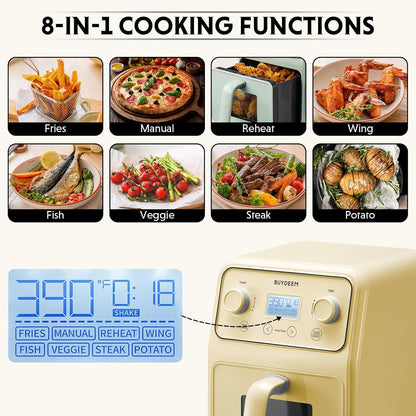 BUYDEEM F51 8-in-1 Air Fryer 4.2QT, Retro Countertop Airfryer Oven with Visible Window, Shake Reminder, One-touch Control with LCD Display, Mellow Yellow
