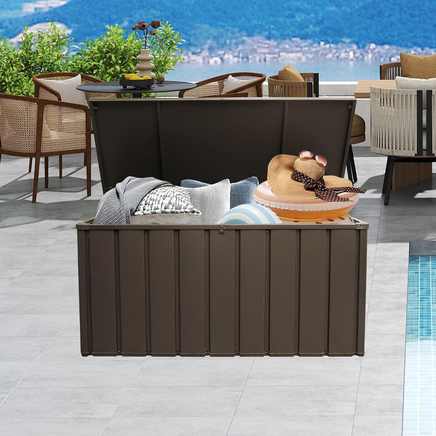 Domi 120 Gallon Deck Box, Outdoor Metal Lockable Storage Cabinet, Waterproof Steel Outdoor Bench with Lockable Lid, Side Handles & Rolling Casters for Outside Cushions, Pillows, Garden Tools, Brown