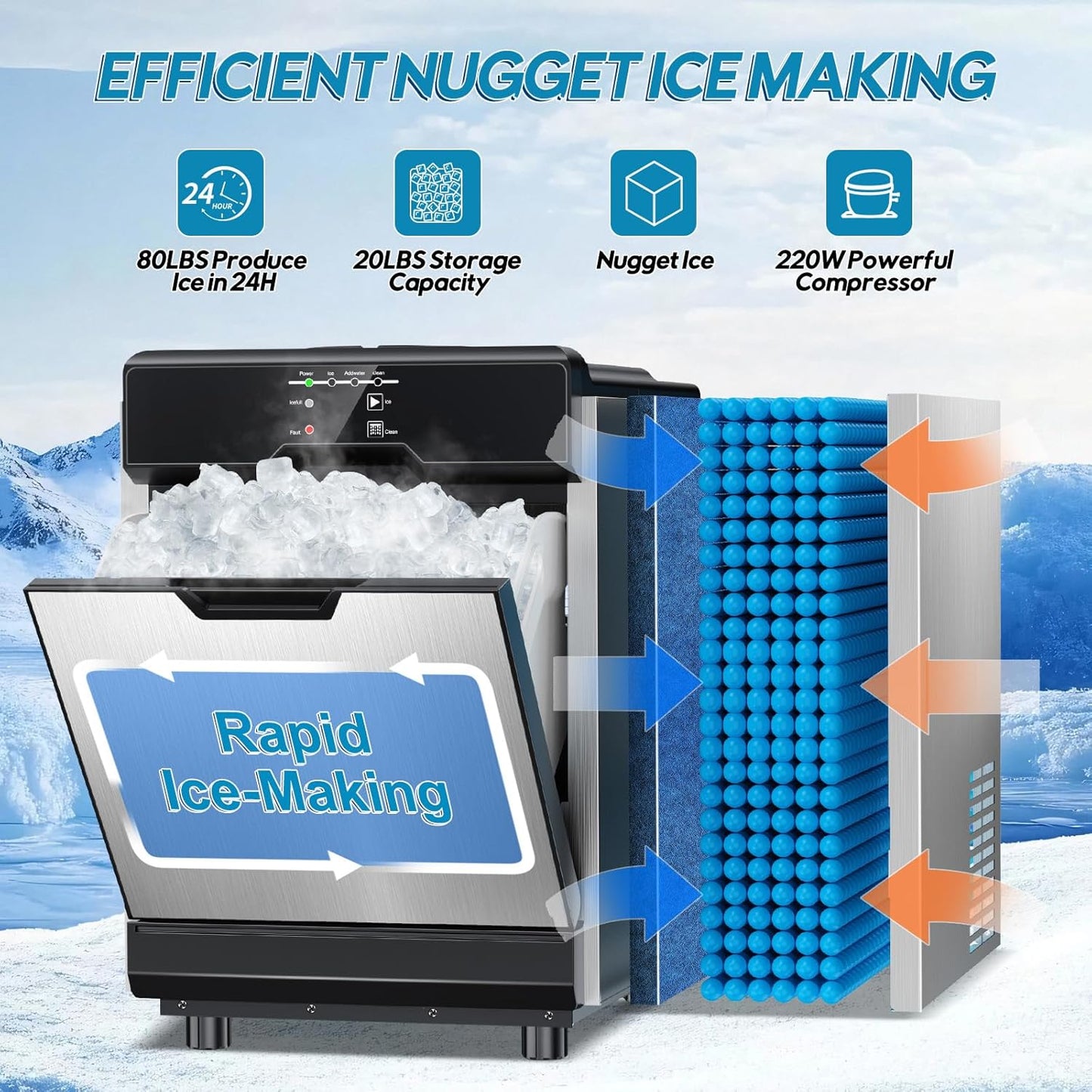 Nugget Ice Maker Countertop, 80Lbs/24H with 20LBS Ice Basket - Dual Water Inlet (Tap/Bottle), Self-Cleaning Stainless Steel Pellet Ice Machine, Chewable Ice Dispenser for Home, Kitchen, Office