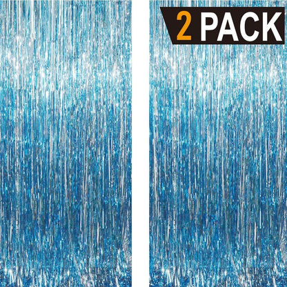 GOER 6.4 ft x 8.2 ft Metallic Tinsel Foil Fringe Curtains,Pack of 2 Party Streamer Backdrop for Birthday,Graduation Decorations and New Year Eve (Light Blue)
