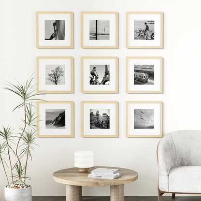 Vittanly 12x12 Picture Frames Set of 9, Shatter Resistant Plexiglass, Display 8x8 Pictures with Mat or 12x12 without Mat, Photo Frames for Wall Mount, Engineered Wood, OAK
