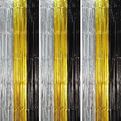 3 Pack 3.3 x 8.2 ft Black Gold Silver Foil Fringe Backdrop Curtains, Tinsel Streamers Party Decorations, Fringe Backdrop, Door Shimmer for New Years or Birthday Party