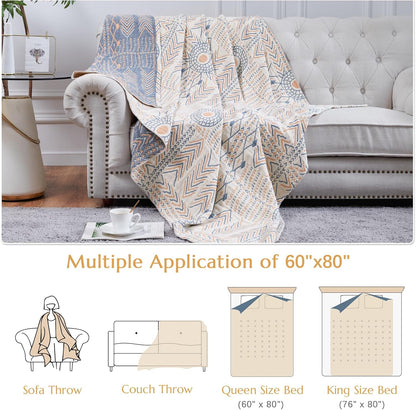 jinchan Boho 100% Cotton Muslin Twin Size 60x80 Throw Blanket Lightweight 4-Layer Orange Reversible Blanket Washable Breathable Geometric Striped Pattern Soft Comfy for Couch Bed Decor All Seasons