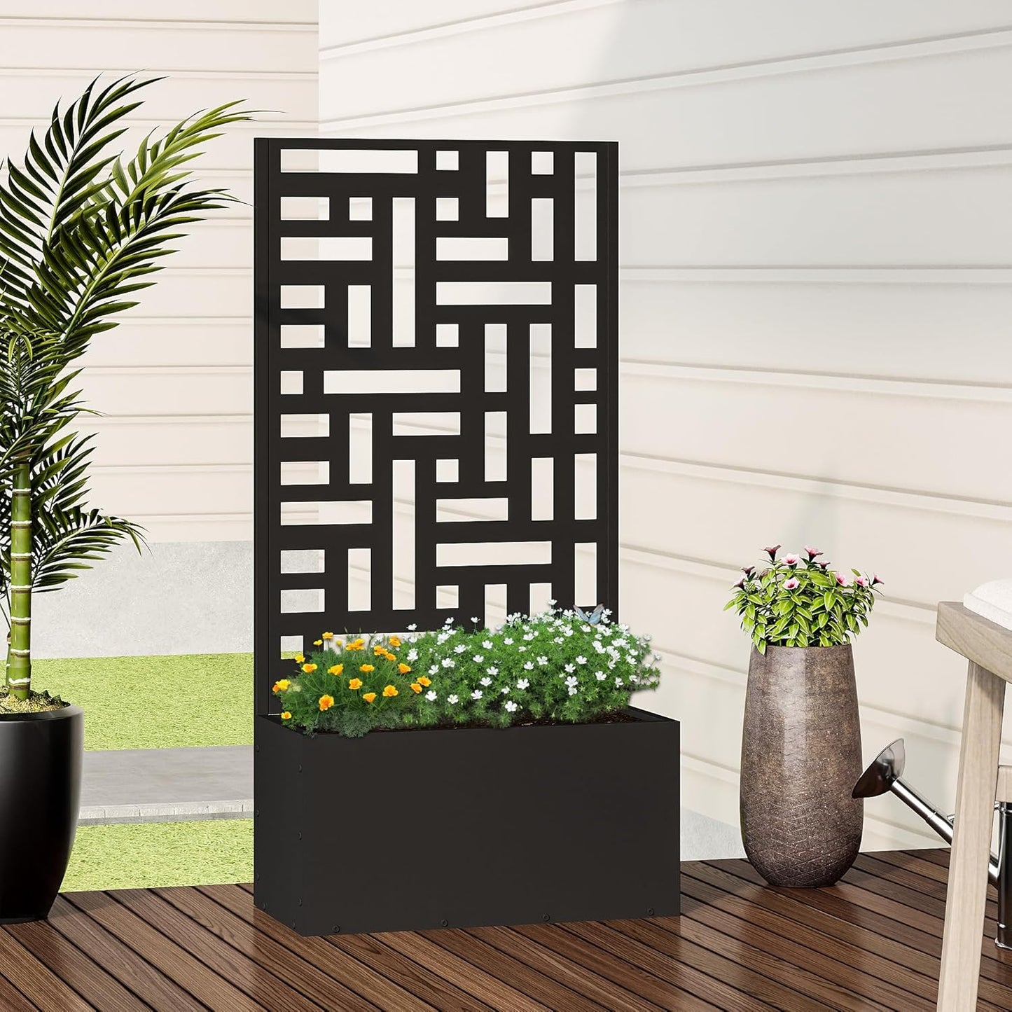 Casaphoria Metal Raised Garden Bed with Trellis, 47"x24"x12" Planter Box for Climbing Plants, Vegetables & Vines, Features Drainage Holes and Privacy Screen (Black-Helen)