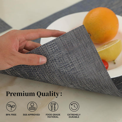 Leetaltree Denim Blue Placemats Set of 12 - Heat Resistant Non-Slip Place mats for Dining Table, Washable Durable PVC Vinyl Woven Table Mats（Denim Blue, 12）