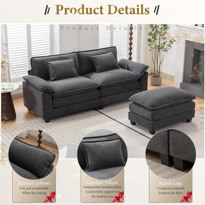 URRED Modular Sectional Sofa Comfy Cloud Couch, Modern Velvet Sofa Sleeper Deep Seat Couches with Ottoman/Pillows for Living Room (Dark Gray, 82.6''- L Shape)