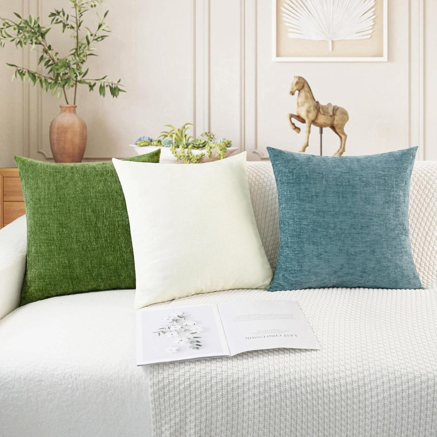 CaliTime Throw Pillow Covers Decorative 18 X 18 Inches Pack of 2 Cozy Chenille Cushion Cases for Couch Sofa Bed Living Room Home Forest Green