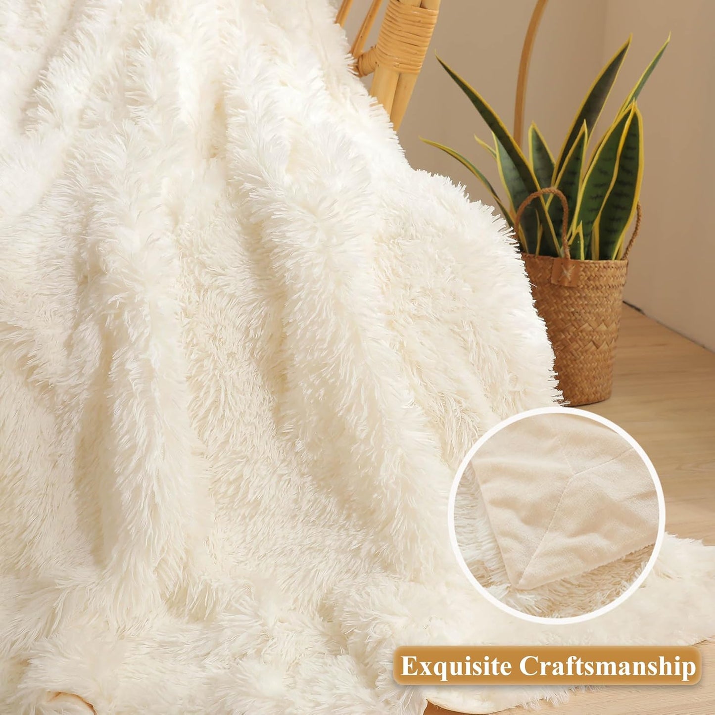 XeGe Luxury Faux Fur Throw, Ivory Soft 50x60 Fluffy Blanket, Ivory Shaggy Plush Decorative Couch Throw, Cute Furry Fuzzy Office Lap Blanket for Bedroom Living Room Beige