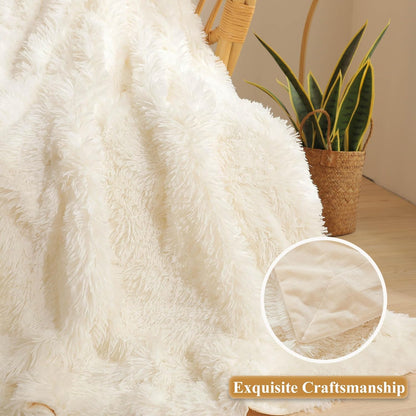 XeGe Luxury Faux Fur Throw, Ivory Soft 50x60 Fluffy Blanket, Ivory Shaggy Plush Decorative Couch Throw, Cute Furry Fuzzy Office Lap Blanket for Bedroom Living Room Beige
