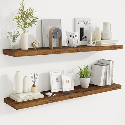 Fun Memories 48 Inch Deep Floating Shelves for Wall, 2 Pack of Long Wall Mounted Wood Shelves with Invisible Brackets for Bathroom, Bedroom, Living Room, Kitchen Decor and Storage, Brown