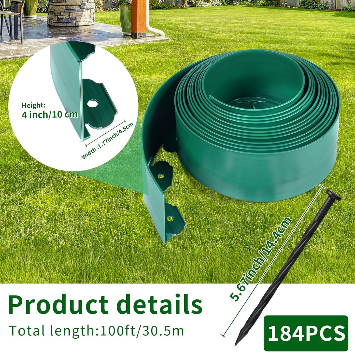 4 in x 100 Ft Garden Landscape Edging, No Dig Garden Edging Border Kit with 184 Pcs Spikes for Flower Bed Lawn Yard Grass Green