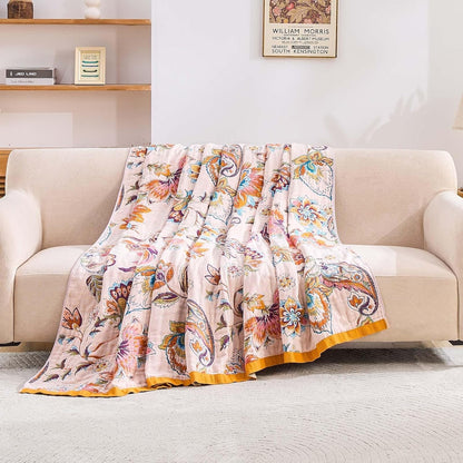 Boho Throw Blanket for Bed, 100% Cotton Soft Rustic Quilt Fall Blanket, 80"x90" Floral Printed Farmhouse Decor Bed Blankets, All Season Rustic Reversible Bohemian Throw Quilt